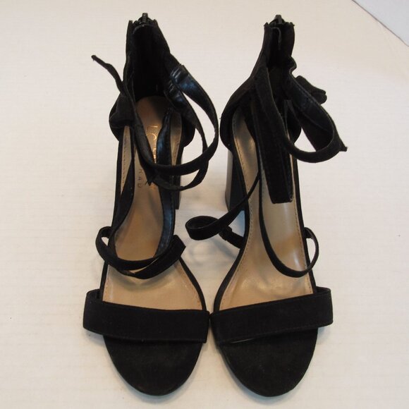 LC Lauren Conrad Shoes - Lauren Conrad Walnut Strappy Back Zip Open Toe Block Heel Sandals Black Size 6.5